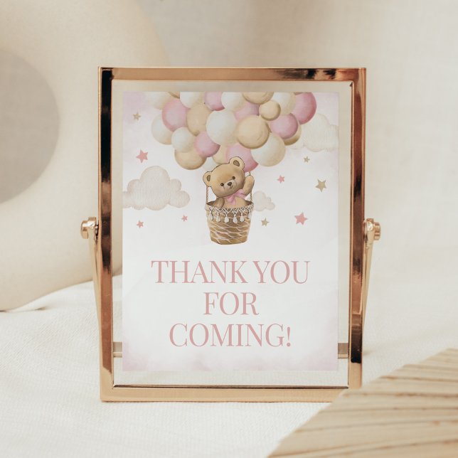 Vi kan tacka Rosa Bear för att du kom Poster (Girl Teddy Bear Balloon Baby Shower Thank you for Coming Sign)