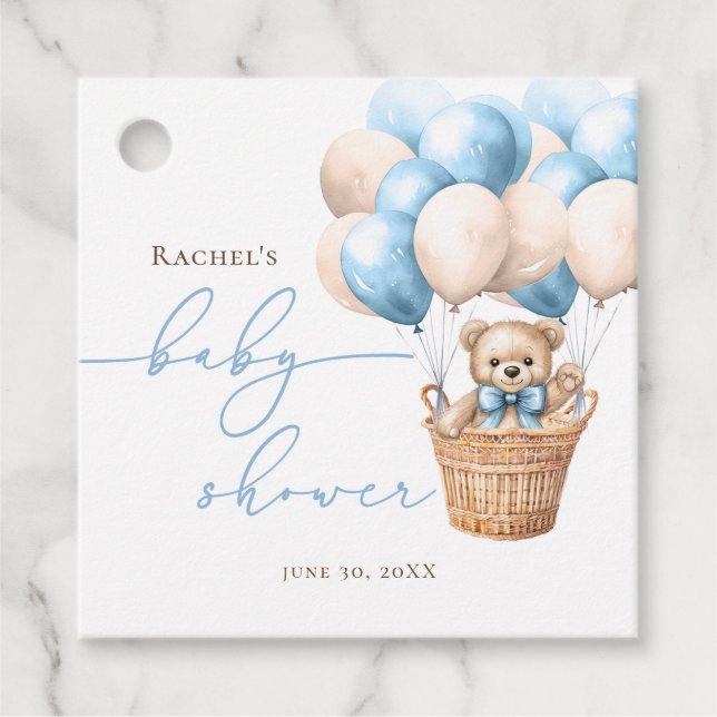 Vi kan vänta | Bear Balloon Blue Baby Shower Gåvor Etiketter (Framsida)