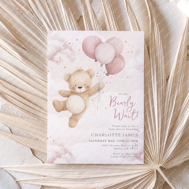 Vi kan vänta! Bear Rosa Balloon Baby Shower Inbjudningar (We can Bearly Wait! Baby Shower invitation with bear and pink balloons)