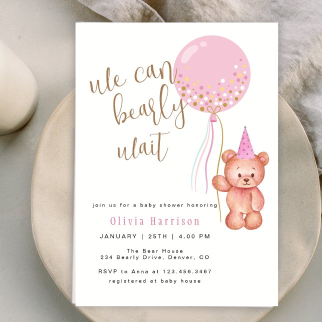 Vi kan vänta | Bear Rosa Balloon Baby Shower Inbjudningar (We Can Bearly Wait | Bear Pink Balloon Baby Shower Invitation)