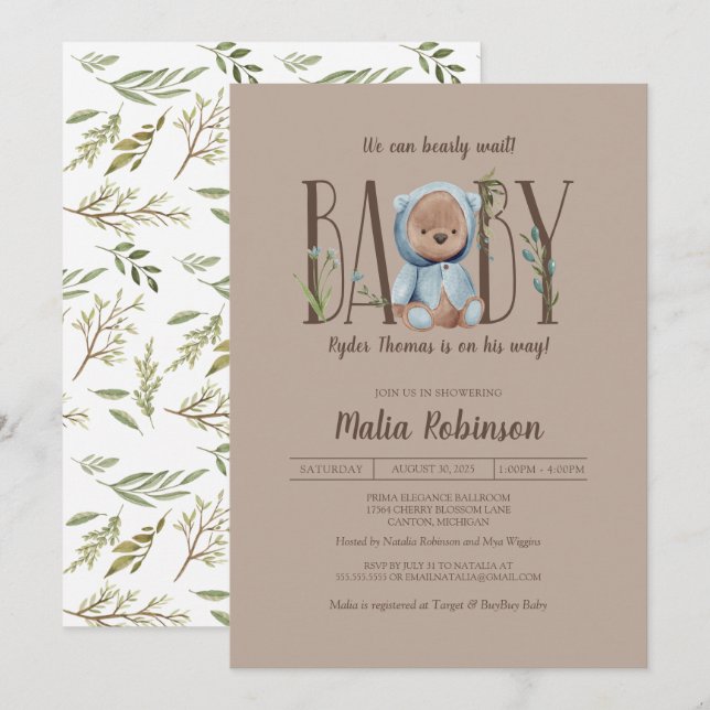 Vi kan vänta! Blue Nalle Baby Shower I Inbjudningar (Fram/baksida)