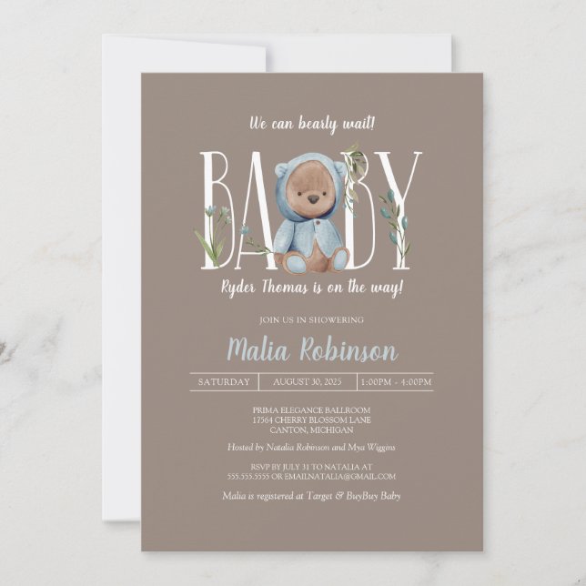 Vi kan vänta! Blue Nalle Baby Shower Inbjudningar (Framsida)