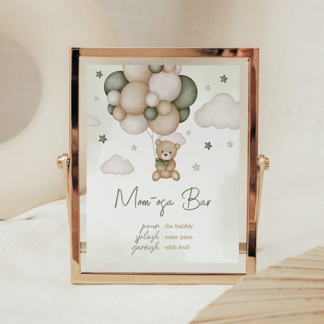 Vi kan vänta Grönt Boho Mamma Osa Pub Poster (Green Boho Teddy Bear Baby Shower Mom Osa Bar Sign)