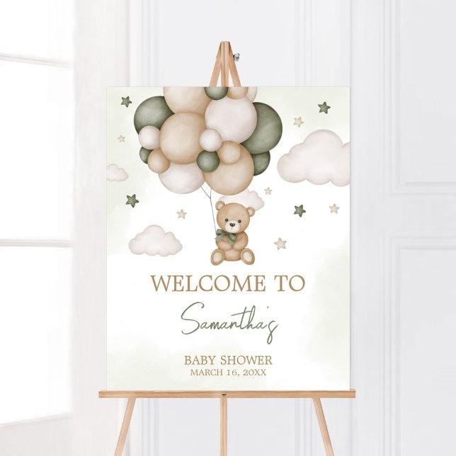 Vi kan vänta Grönt Boho Välkommen Poster (Green Boho Teddy Bear Baby Shower Welcome Sign)