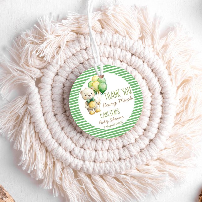 Vi kan vänta grönt nalle babydusch gåvor etiketter (We can bearly wait green teddy bear baby shower favor tags)