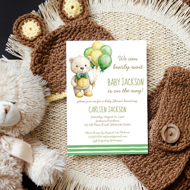 Vi kan vänta grönt nalle babydusch inbjudningar (We can bearly wait sage green teddy bear balloons gender neutral baby shower invitation template )