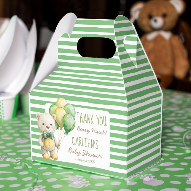 Vi kan vänta grönt nalle babydusch presentaskar (We can bearly wait cute sage green teddy bear baby shower personalized favor boxes favor gifts)