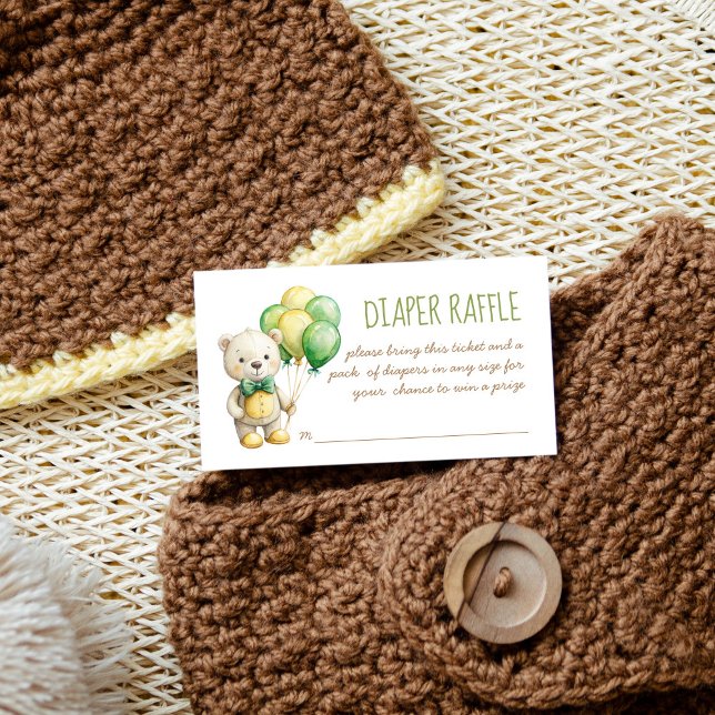 Vi kan vänta grönt nalle raffle i  tilläggskort (We can bearly wait sage green teddy bear diaper raffle  card balloons cute teddy raffle tickets)