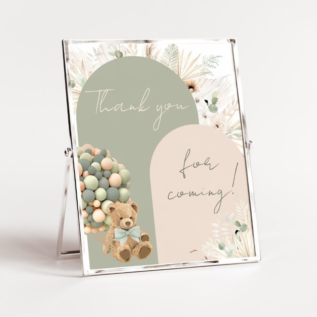 Vi kan vänta Grönt tack för att du kom Poster (Green Boho Teddy Bear Baby Shower Thank you for Coming Sign)