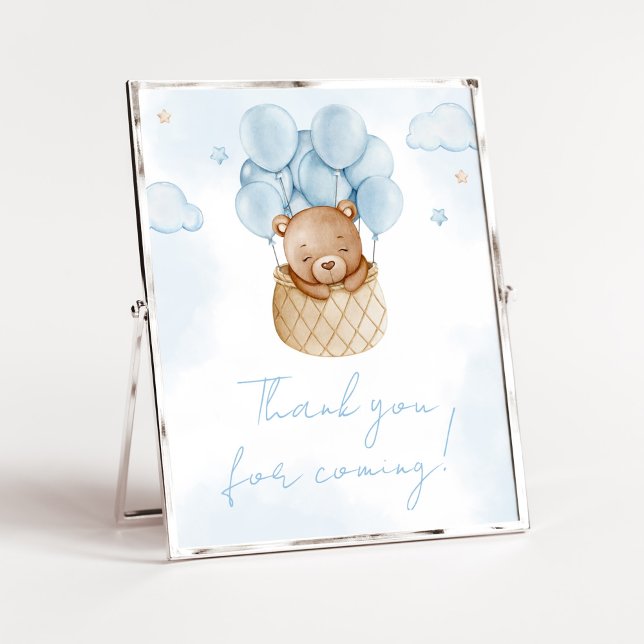 Vi kan vänta Hett Luft tack för att du kom Poster (Blue Teddy Baby Bear Baby Shower Thank you for Coming Sign)