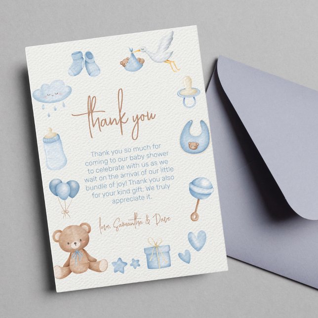 Vi kan vänta lätt på Blue Boy Baby Shower Tack Kort (thank you card baby shower "we can bearly wait")