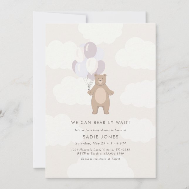 Vi kan vänta | Lila Balloon Baby Shower Inbjudningar (Framsida)