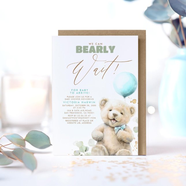 Vi kan vänta lite - klä Baby Bear-Shower Inbjudningar (We Can Bearly Wait - Cute Joyful Little Bear Baby Shower Invitations in Blue, Brown and Green)