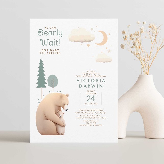 Vi kan vänta lite - klä Baby Bear-Shower Inbjudningar (We Can Bearly Wait - Bear Mother and Cub Cute Baby Shower Invitations)