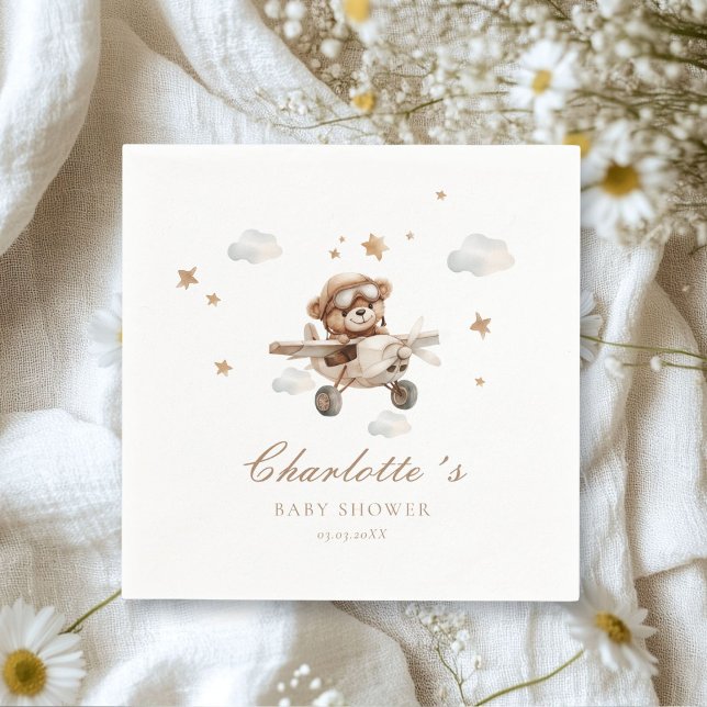 Vi kan vänta lite!Nalle och flygplan Pappersservett (We Can Bearly Wait! Teddy Bear & Airplane White Napkins. Personalized with your name & date.)
