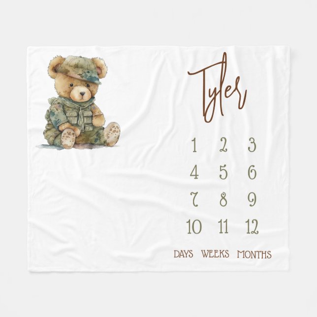 Vi kan vänta! Militär Teddy Baby Milestone Fleecefilt (Framsidan (Horisontell))