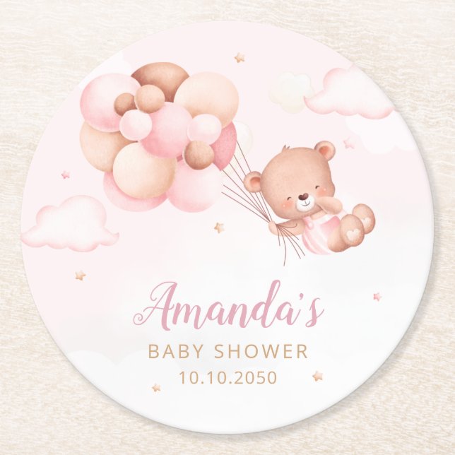 Vi kan vänta! Nalle Ballon Baby Shower Underlägg Papper Rund (Framsidan)