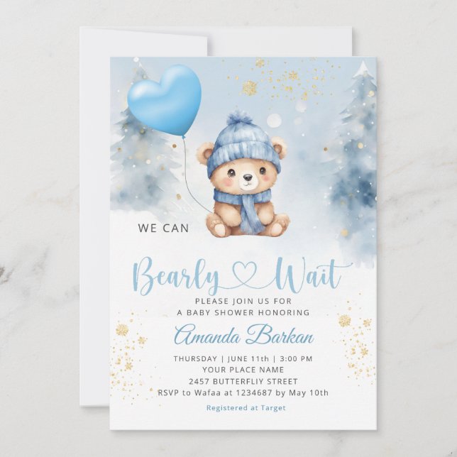 Vi kan vänta Nalle Boy Baby Shower Inbjudningar (Framsida)