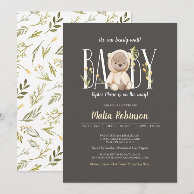 Vi kan vänta! Nalle Gult Baby Shower Inbjudningar (Fram/baksida)