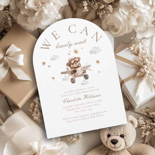 Vi kan vänta! Nalle och flygplan Inbjudningar (We Can Bearly Wait! Cute, modern, white, baby shower arch invitation.)