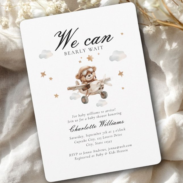 Vi kan vänta! Nalle och flygplan Inbjudningar (We Can Bearly Wait! Cute Bear & Plain Baby Shower Invitation)