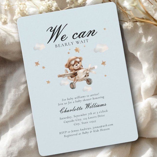 Vi kan vänta! Nalle och flygplan Inbjudningar (We Can Bearly Wait! Cute Bear & Plain Baby Shower Invitation)