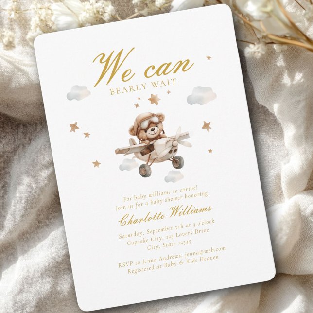 Vi kan vänta! Nalle och flygplan Inbjudningar (We Can Bearly Wait! Cute Bear & Plain Baby Shower Invitation)
