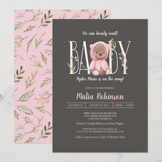 Vi kan vänta! Nalle Rosa Baby Shower  Inbjudningar (Fram/baksida)