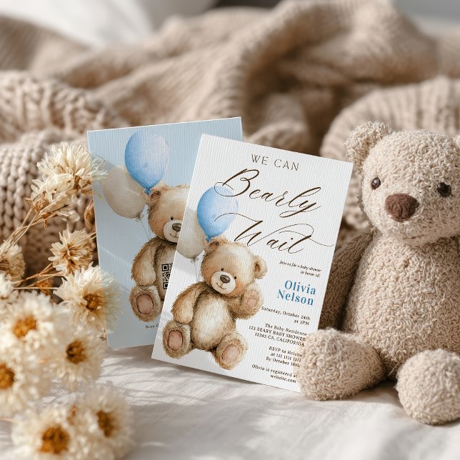 Vi kan vänta Nallen QR Boy Shower Inbjudningar (We Can Bearly Wait Teddy Bear QR Boy Baby Shower Invitation)