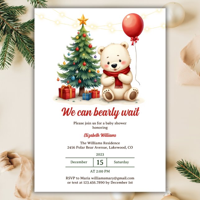 Vi kan vänta på att julklappen ska bli julklapp inbjudningar (We Can Bearly Wait | Cute Polar Bear Christmas Themed Baby Shower Invitation)