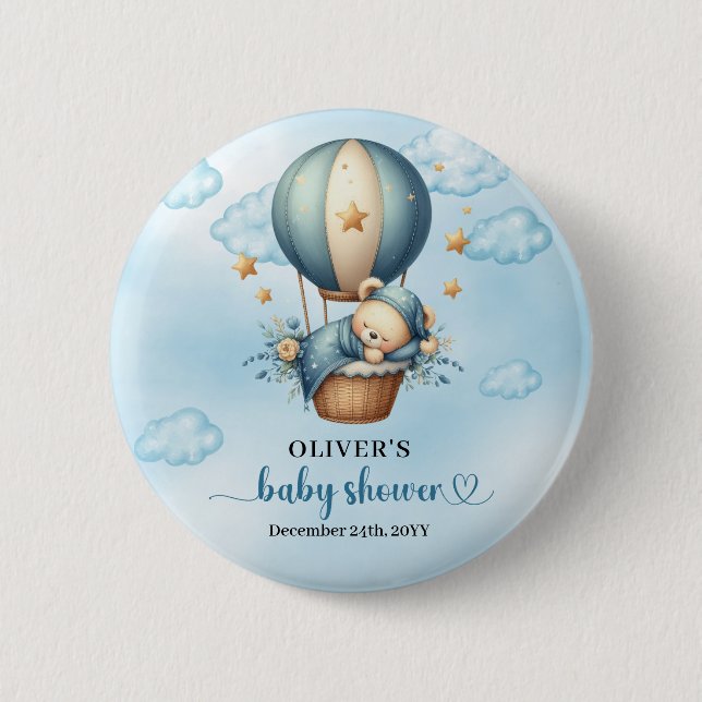 Vi kan vänta på blått elfenben-luftballong. knapp (Framsida)