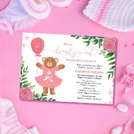 Vi kan vänta på blommigt-teddy-babydusch inbjudningar