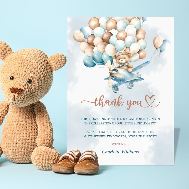 Vi kan vänta på Blue Balloons Baby Shower Tack Kort (We can bearly wait baby shower thank you card)