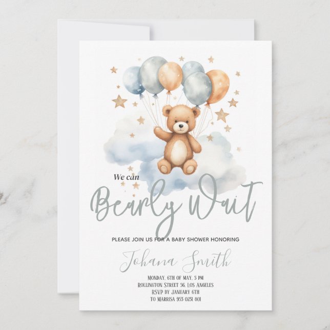Vi kan vänta på Blue Bear Baby Shower Inbjudningar (Framsida)