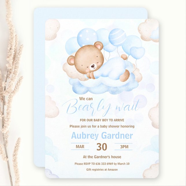 Vi kan vänta på Blue Bear Baby Shower Inbjudningar (We Can Bearly Wait Boy Blue Bear Baby Shower Invitation)