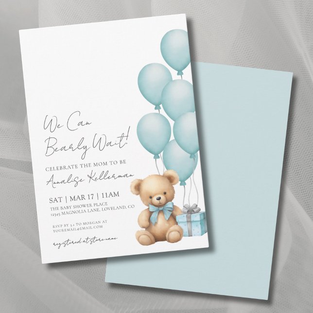 Vi kan vänta på Blue Bear Baby Shower Inbjudningar (We Can Bearly Wait Blue Bear Baby Shower Invitation)