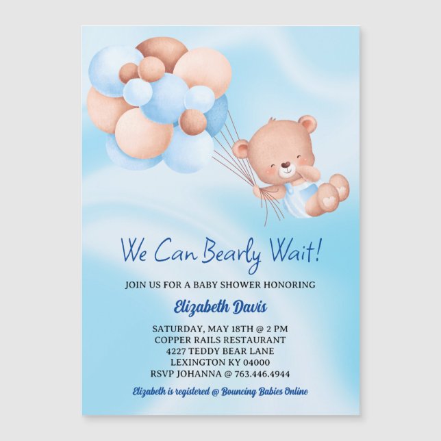 Vi kan vänta på Blue Beige Boy Shower Magnetisk Inbjudningskort (Framsida)