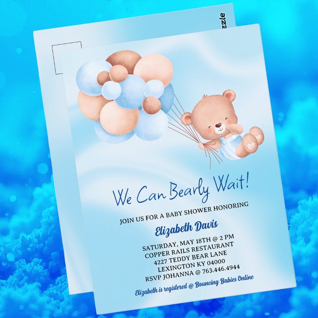 Vi kan vänta på Blue Beige Boy Shower Vykort (🧸 We Can Bearly Wait! Blue & Beige Baby Shower Postcard – Cuteness Overload! 💙✨)
