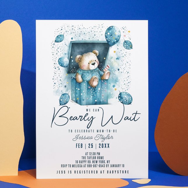 Vi kan vänta på Blue Box Bear Boy Shower Inbjudningar (Skapare uppladdad)