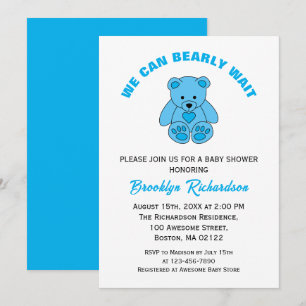 Vi kan vänta på Blue Nalle Baby Shower Inbjudningar