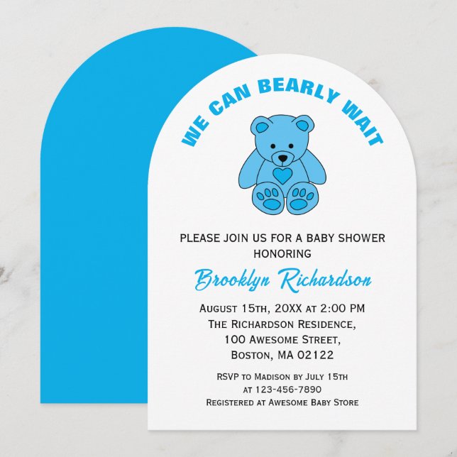 Vi kan vänta på Blue Nalle Baby Shower Inbjudningar (Fram/baksida)