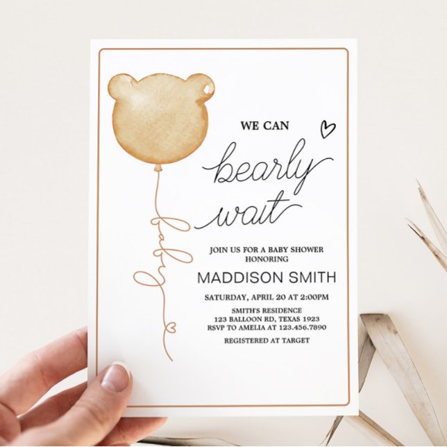 Vi kan vänta på Brown Ballon Baby Shower Inbjudningar (Gender Neutral Minimalist Bear Baby Shower Invitation)