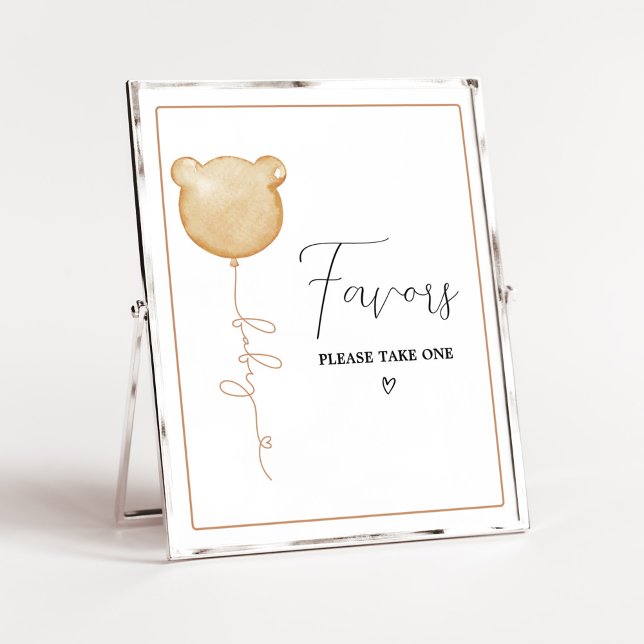 Vi kan vänta på Brown Balloon Baby-favoriter. Poster (Gender Neutral Minimalist Bear Baby Shower Favors Sign)