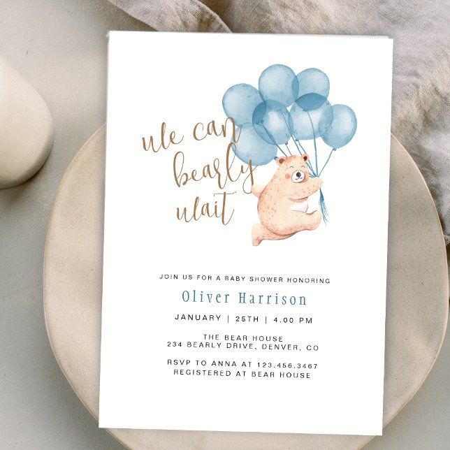 Vi kan vänta på en babystöld för klumpar i klådan. inbjudningar (We Can Bearly Wait Cute Bear Balloon Baby Shower Invitation)