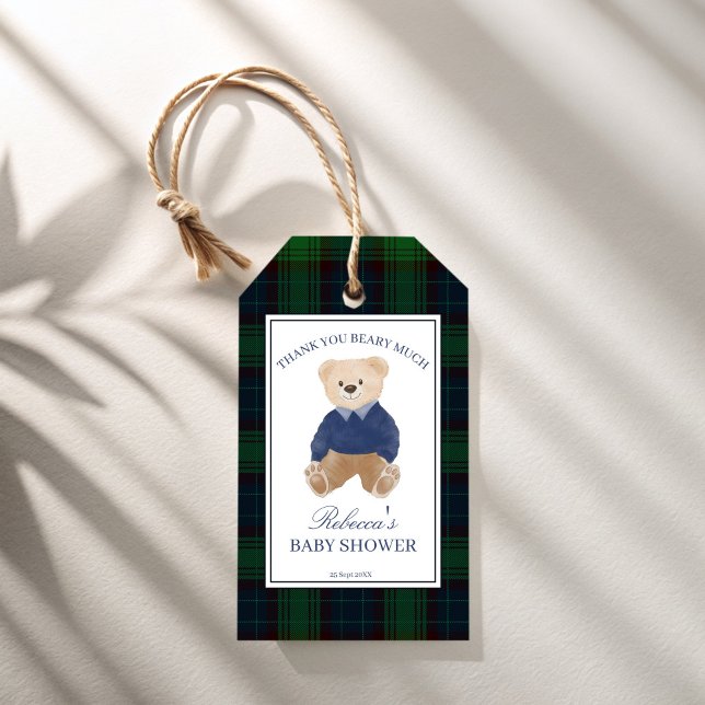 Vi kan vänta på en begynnelse för den klassiska ba presentetikett (We can bearly wait classic plaid polo teddy bear baby shower favors personalized favor gift tags)