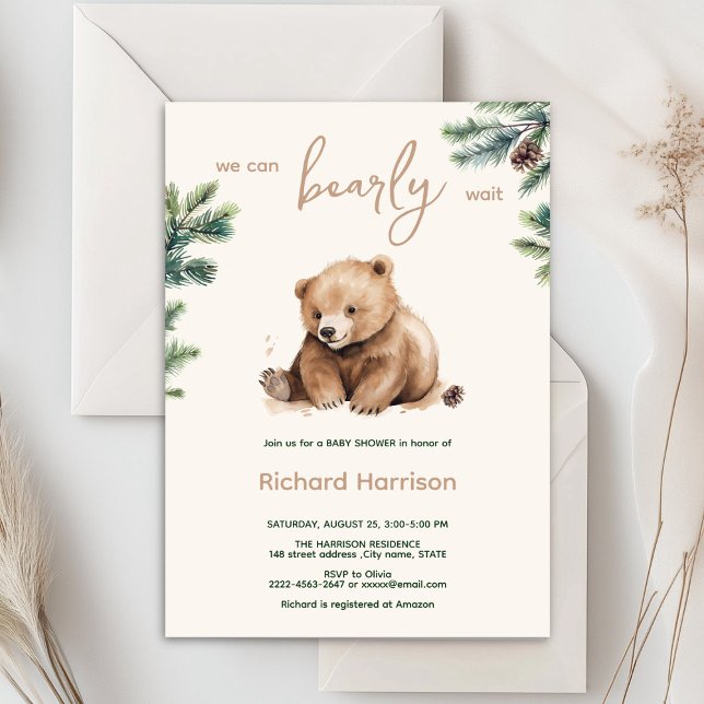 Vi kan vänta på en inbjudan till babydusch. (Bearly wait cute watercolor forest baby shower invitation )