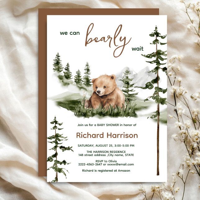 Vi kan vänta på en inbjudan till babydusch. (Bearly wait cute watercolor forest baby shower invitation )