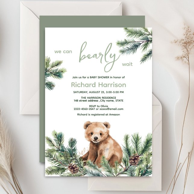 Vi kan vänta på en inbjudan till babydusch. (Bearly wait cute watercolor forest baby shower invitation )