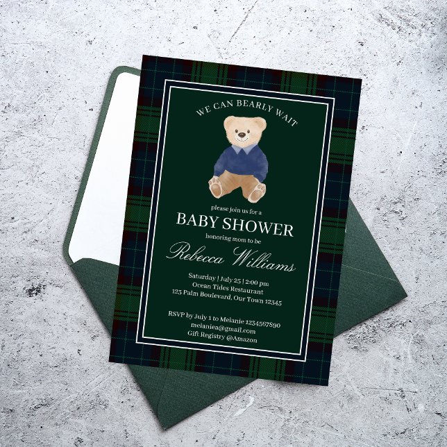 Vi kan vänta på en klassisk barndusch. inbjudningar (We can bearly wait classic emerald green plaid baby shower invitation cards template)