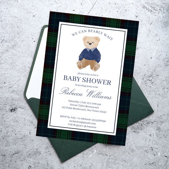 Vi kan vänta på en klassisk barndusch. inbjudningar (We can bearly wait classic navy blue green plaid teddy bear baby shower invitation cards template)